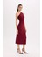 Bodycon Vücudu Saran Basic Düz Tek Omuzlu Bordo Midi Elbise E2469AX24WN 9