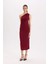 Bodycon Vücudu Saran Basic Düz Tek Omuzlu Bordo Midi Elbise E2469AX24WN 11