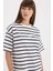 Oversize Geniş Kalıp Bisiklet Yaka Çizgili Penye Kısa Kollu Tişört E5058AX25SP 10