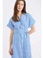 Gömlek Yaka Çizgili Poplin Kısa Kollu Kuşaklı Midi Gömlek Elbise E6021AX25SP 14