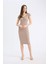 Bodycon Vücudu Saran V Yaka Fitilli Kaşkorse Kısa Kollu Midi Elbise E7368AX25SP 14