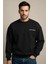 Bisiklet Yaka Nakışlı Şardonlu Içi Polarlı Siyah Erkek Sweatshirt - Volar 1