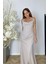 G1555 Taş ve Drape Detaylı Tasarım Abiye Elbise Bej 2