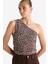 Slim Fit Dar Kesim Leopar Desenli Tek Omuzlu Tül Bluz G2546AX25WN 6