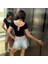 Siyah Pembe Yaka Fiyonklu Sırt Bağcıklı Kısa Kollu Crop 5