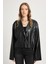 Siyah Deri Önden Bağlamalı Kısa Ceket Kimono 30023 4