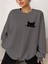 Füme Oversize Geniş Kalıp 3 Iplik Şardonlu Sweatshirt – Bisiklet Yaka Kedili Baskılı Kalın Sweat 3