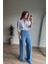Mavi Beli Lastikli Bol Paça Salaş Model Ince Kot Pantolon 5