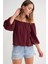 4706 Kadın Sırtı Açık Balon Kol Straplez Bluz Bordo 3