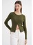 6931 Kadın Düğmeli Fitilli Triko Hırka Haki 4