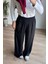 Siyah Beli Lastikli Bol Paça Dökümlü Saten Pantolon 4