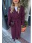Bordo Önden Büzgülü Düğmeli Astarlı Maxi Oversize Trençkot 4