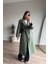 Olive Kuşaklı Astarlı Yırtmaçlı Oversize Trençkot 3
