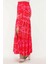 Viskon Kumaş Pembe Kırmızı Desenli Fırfırlı Yırtmaçlı Uzun Etek 4