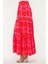Viskon Kumaş Pembe Kırmızı Desenli Fırfırlı Yırtmaçlı Uzun Etek 5