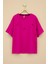 Fuşya Gül Nakış Detaylı Kısa Kol Kız Çocuk Oversize Tişört 20806 1