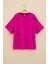 Fuşya Fiyonk Nakışlı Kısa Kol Kız Çocuk Oversize Tişört 20801 1