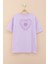 Lila Sırtı Kalp Baskılı Yazılı Kız Çocuk Bisiklet Yaka Tişört 20971 3
