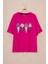 Fuşya Dondurma Baskılı Taşlı Kız Çocuk Kısa Kol Oversize Tişört 20796 1