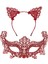 Romantik Kırmızı Dantel Maske Seti - Kedi Kulaklı Taç ve Maske 3 No 2