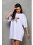 Unisex Bisiklet Yaka Baskılı Oversize T-Shirt - Beyaz 2
