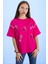 Fuşya Kolu Şerit Detaylı Payetli Kız Çocuk Oversize Tişört 20811 1