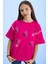Fuşya Kolu Şerit Detaylı Payetli Kız Çocuk Oversize Tişört 20811 2