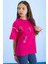 Fuşya Kolu Şerit Detaylı Payetli Kız Çocuk Oversize Tişört 20811 3