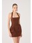 Boyundan Askılı Cepli Mini Yerry Elbise Kahve 2