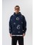 Erkek Upload Baskılı Kapüşonlu Oversize Hoodie Lacivert 1