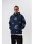 Erkek Upload Baskılı Kapüşonlu Oversize Hoodie Lacivert 4