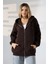 Şardonlu Fermuarlı Kapüşonlu Oversize Sweatshirt 21618 Kahve 1