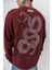 Erkek Snake Nakışlı Yıkamalı Bisiklet Yaka Oversize Sweatshirt Bordo 4