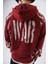 Erkek War Baskılı Yıkamalı Kapüşonlu Oversize Hoodie Bordo 5