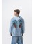 Erkek Snake Baskılı Yıkamalı Kapüşonlu Oversize Hoodie Mavi 1