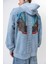 Erkek Snake Baskılı Yıkamalı Kapüşonlu Oversize Hoodie Mavi 4