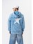 Erkek Star Baskılı Yıkamalı Kapüşonlu Oversize Hoodie Mavi 1
