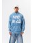 Erkek Star Baskılı Yıkamalı Kapüşonlu Oversize Hoodie Mavi 2
