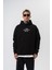 Erkek The Sea Baskılı Kapüşonlu Oversize Hoodie Siyah 2