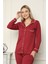 Moda Kadın %100 Pamuk Penye Önden Düğmeli Uzun Kol Pijama Takım Bordo 2