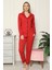 Moda Kadın %100 Pamuk Penye Önden Düğmeli Uzun Kol Pijama Takım Kırmızı 1