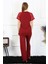 Moda Kadın Kolu Dantelli Penye Pijama Takım Bordo 4