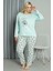 Moda Kadın Büyük Beden Penye Uzun Kol Pijama Takım Su Yeşili 3