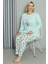 Moda Kadın Büyük Beden Penye Uzun Kol Pijama Takım Su Yeşili 4