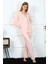 Moda Kadın Penye Uzun Kol Önden Düğmeli Pijama Takım Pembe 1