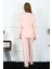 Moda Kadın Penye Uzun Kol Önden Düğmeli Pijama Takım Pembe 5
