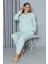 Moda Kadın Büyük Beden Penye Uzun Kol Pijama Takım Su Yeşili 4