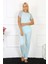 Moda Kadın Kolu Dantelli Penye Pijama Takım Su Yeşili 6