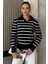 Kadın Polo Yaka Çizgi Desenli Sakallı Triko Kazak (S-M-L-Xl Beden Uyumludur.) P-00018051 1