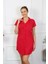 Moda Kadın Pamuk Dokuma Kısa Kol Düğmeli Kırmızı Tunik Gecelik 6